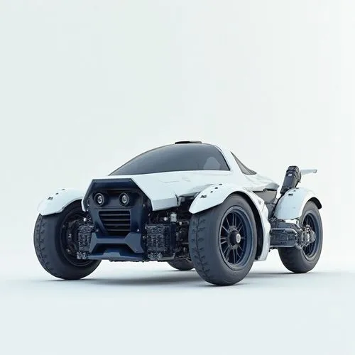 /imagine prompt: Futuristic three-wheeled assault trike or wide-body motorcycle concept, 3D render, studio shot. Aggressive, angular design predominantly in white with dark blue accents and exposed co