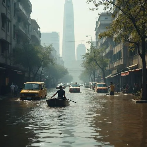 Extreme level view of flood in a city, vehicles are floating in the water, peoples walking through the water and passing through water using small boats, dirty water, hard situation,there is no image 