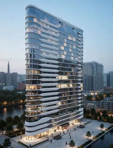 Modern winning award architectue, glass facade with white aluminium horizontal fins extruded to form the shadow, located in the hear of city, with big plaza in font, many people walking, nice landscap