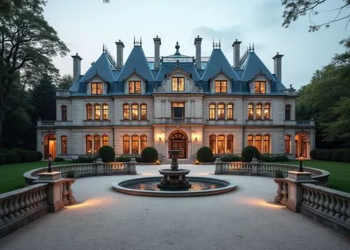 A majestic French Renaissance-style château, intricately crafted from pale limestone, stands at the end of a grand, gravel-covered driveway. Tall, slate-gray mansard roofs, symmetrical chimneys, and d