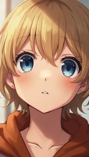 Image is a close-up portrait of a young person with fair skin and light blonde hair. The subject's hair is slightly tousled, framing their face. They have striking blue eyes and full lips, with a neut