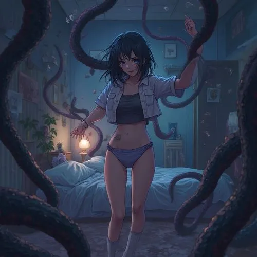 a girl in lingerie and white sneakers holding an apple,nightclothes,pajamas,tentacles,pajama,tentacle,night scene,tentacled,siren,noodle image,marina,nightwear,nocturne,night time,at night,night-bloom