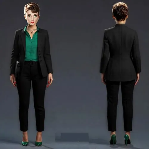 INSERT THE JACKET PERFECTLY. DO IT IN FRONT AND BACK VIEW.,a rendering image of an animated female with a green shirt,pantsuit,business woman,bonelli editore,julia kendall,audrey hepburn