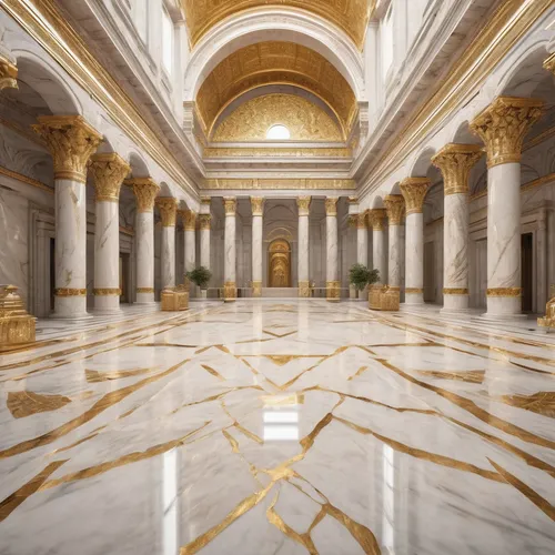 creates a large team in refined marble and decorated with gold details, which crosses an ancient city of marble,marble palace,capitol,neoclassical,marble,europe palace,uscapitol,hall of nations,vittor