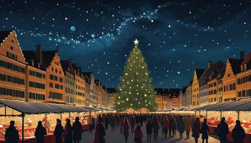 Christmas market in a plaza, a huge Christmas tree, starry night, by Emiliano Ponzi, rich details, high quality.,christmas market,christmasbackground,watercolor christmas background,advent market,nord