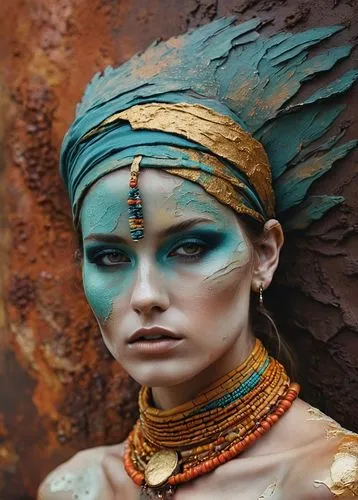 A beautiful, stunning mixed media figure realistic photo using different texture, collage, fabric, powertex, acrylic paint. oil pastels, modeling paste, rust paint, mud, over skin covered. captivating