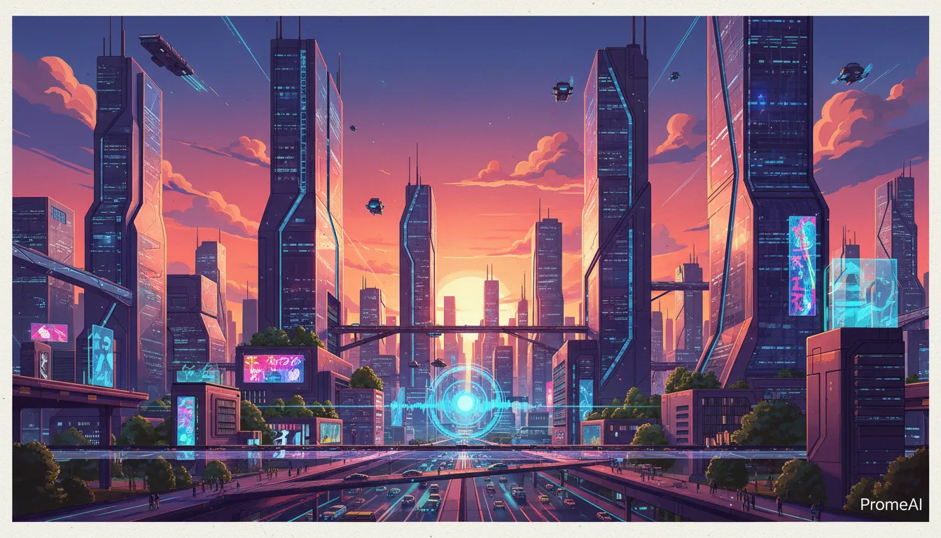 Яркая и детализированная векторная иллюстрация футуристического городского пейзажа на закате, созданная с помощью ИИ-генератора PromeAI.