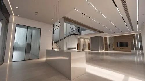 a large open room with many windows and an empty counter,foyer,hallway space,interior modern design,modern office,luxury home interior,lobby