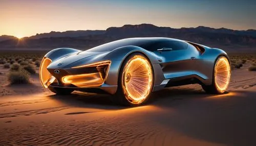 Envision the car parked in an otherworldly landscape—a vast open desert at twilight. The car’s dynamic body reflects the soft light of a setting sun while shimmering in the heat haze. The wheels, seem