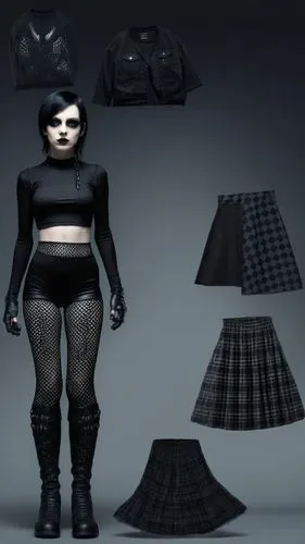 Goth Paper doll futuristic cyberpunk emp punk goth girl in black sleeveless shirt , black spandex shorts, complete full length fishnet and black goth knee Boots, standing surrounded by with a set of g