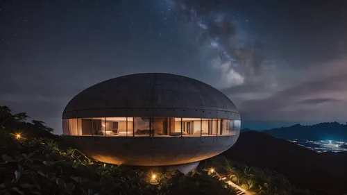 warm tropical architecture minimalist concrete capsule in top of a mountain with the stars of the night timelapse, high quality, 8k