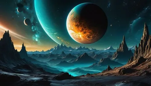 Baroque-style planet, Jarred Jupiter, gas giant, vibrant turquoise atmosphere, intricate swirling clouds, golden light illuminating the upper layers, detailed texture on the planet's surface, celestia
