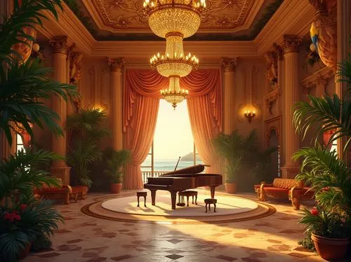 Island-themed Baroque music venue, luxurious interior, grand chandelier, golden accents, intricate carvings, velvet curtains, tropical plants, exotic flowers, colorful parrots, palm trees, sandy beach