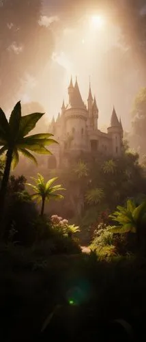 Cinematic picture of a near-fantastical castle integrated with nature, glowing soft warm light, surreal lush gardens with oversized plants and glowing flora, ethereal atmosphere.,a house with trees ar