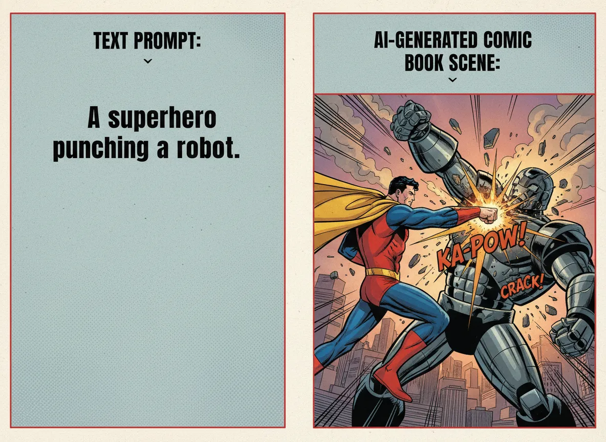 एक सरल टेक्स्ट प्रॉम्प्ट और उसके परिणामस्वरूप कॉमिक बुक शैली में एआई-जनित गतिशील एक्शन दृश्य की साथ-साथ तुलना।