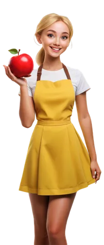 Cute cartoon style, colorful, simple lines, bold outlines, rounded shapes, smiling face, big eyes, rosy cheeks, blonde hair, ponytail, yellow dress, white apron, holding a red apple, standing pose, 3/