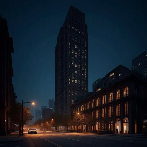 nighttime view of a city street with a tall building and a car, mantra rendering, rendering of checkmate, exterior shot, rendered in corona, artistic render, rendering, mid-view, architectural renderi