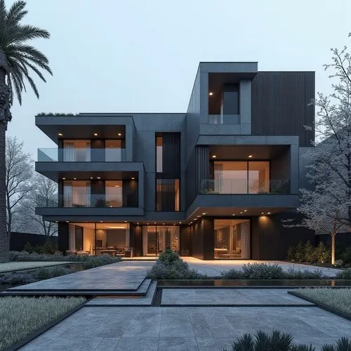A hyper-realistic, high-resolution architectural photograph of a multi-level, contemporary luxury residence featuring a sleek, geometric design. The exterior is composed of smooth, matte charcoal-gray