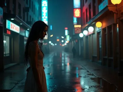   A cinematic seen of a dark, rain-soaked city street at night. The scene is illuminated by the flickering glow of neon signs reflecting off wet pavement. Puddles ripple as heavy rain pours down, crea