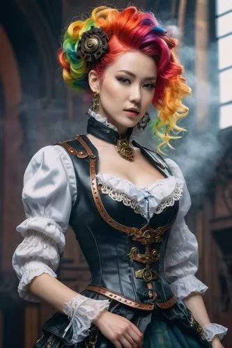 Beautiful fashion model with rainbow hair and preppy casual wear, ethereal dreamy mist, posing in a fashion pose. Kinship Magazine. Gentle smile,a woman with colorful hair wearing a wig and dress,fant