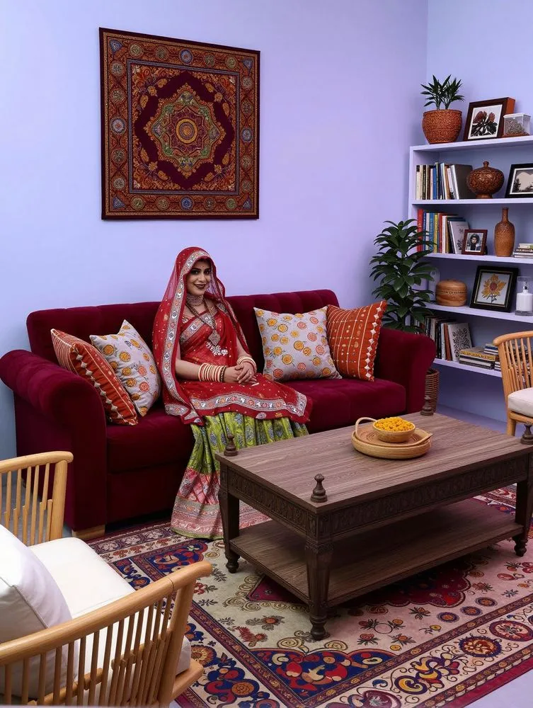 a woman in red sits on a couch and looks to the side