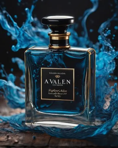 A poetic vision of perfume, enveloped in waves of dark charcoal and light azure, with ink splatters, literature core vibes, hues of dark parchment and light inkwell, drawing inspiration from the writi