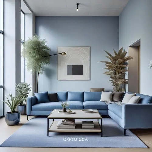 a big blue couch and table are in this living room,modern decor,smart home,plasma tv,homegear,smarthome,modern living room