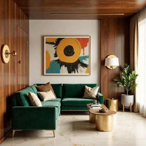 Vibrant living room, warm beige walls, rich walnut wood accents, plush emerald green velvet sofa, metallic gold lighting fixtures, abstract geometric patterns, soft cream-colored marble floors, modern
