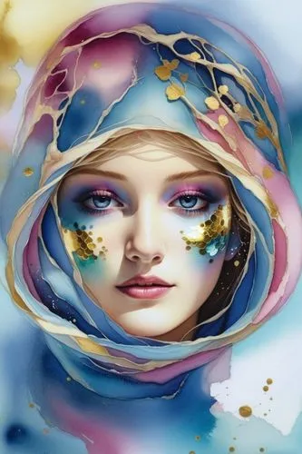 a painting of a beautiful woman wearing blue and pink with gold accents,world digital painting,watercolor women accessory,digital art,fantasy portrait,fantasy art,overlaid,digital artwork,heliosphere,