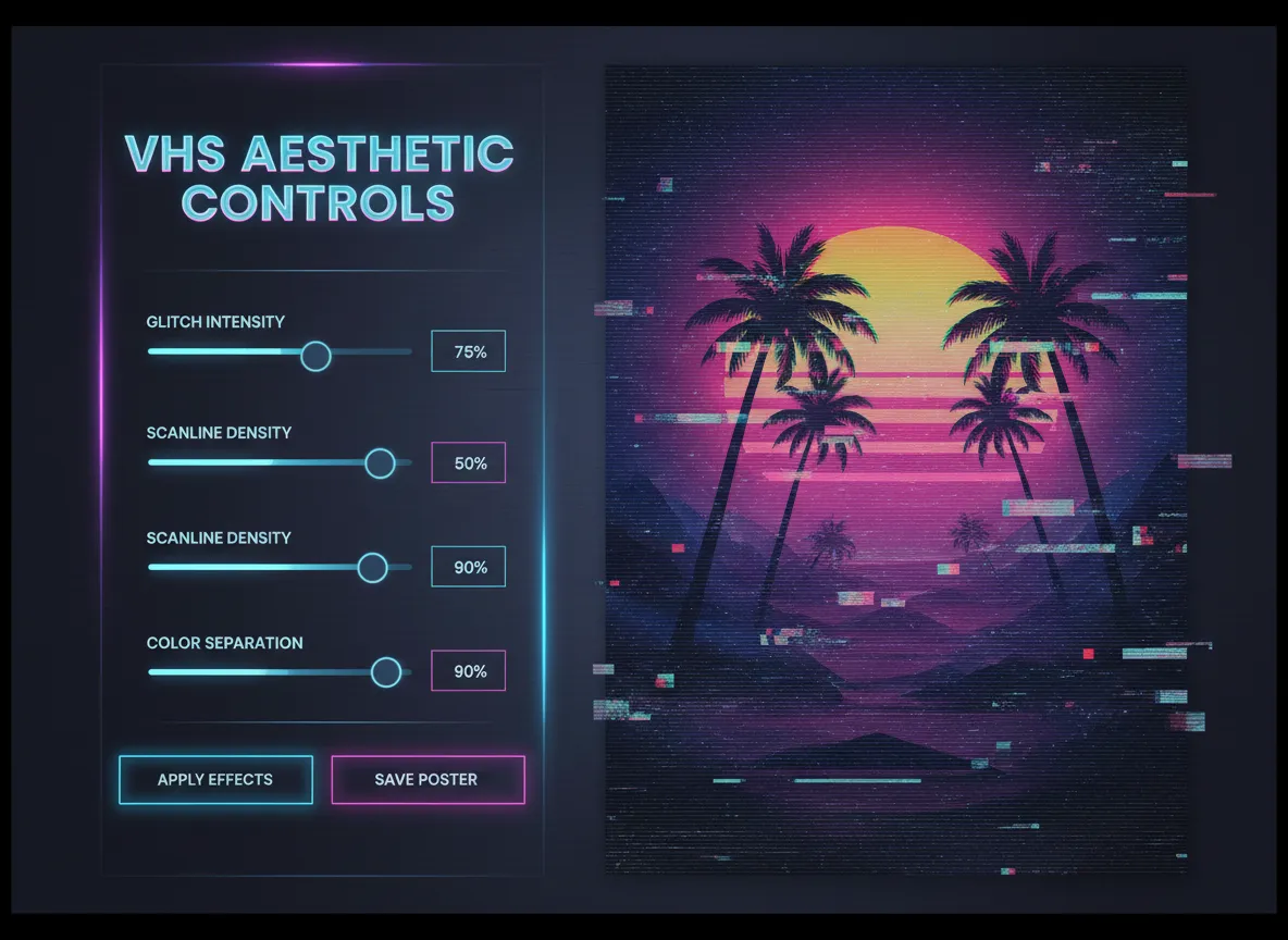 Un mockup dell'interfaccia utente che mostra cursori e prompt di testo per controllare l'intensità del glitch VHS, la separazione dei colori e la densità delle scanline su un poster.