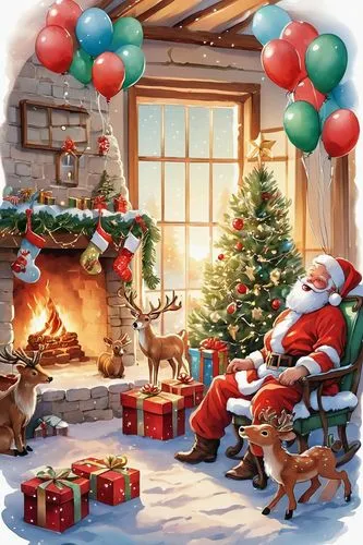 Snowy winter background, festive atmosphere, Christmas tree with ornaments, sparkling fairy lights, red and green balloons, gift boxes wrapped in colorful paper, a cute cartoon Santa Claus, joyful smi