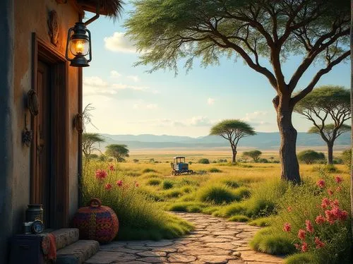 Savanna landscape, warm sunny day, blue sky with few white clouds, eclectic elements, vintage wooden door, distressed metal lantern, colorful woven basket, antique camera, African-inspired patterned t