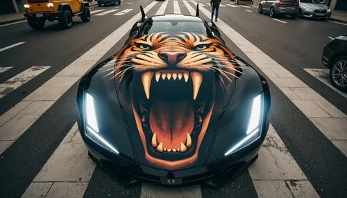 a car with a tiger face painted on it is shown,tigor,roaring,lamborghini aventador,lamborghini huracan,lamborghini aventador s,veneno,bugatti chiron,lamborghini gallardo,aventador,pudiera,jagermeister