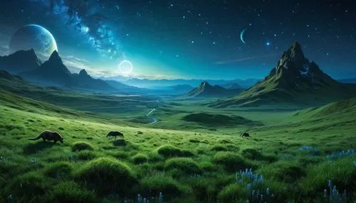 En la constelación de Orión, sobre la hierba azul, sinuosa y brillante de un planeta desconocido, pastan animales desconocidos; en el horizonte se divisan colinas verdes cubiertas de hierba azul.,some