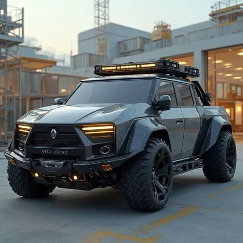 A high-performance electric pickup truck with a futuristic industrial aesthetic, parked in a high-tech construction site. Its exoskeleton is made of brushed titanium, with retractable storage compartm