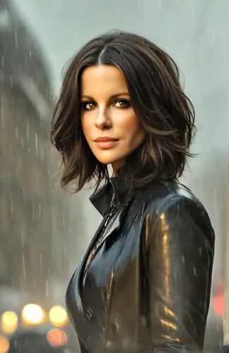 goth vampire woman , black short hair, black leather overcoat, blue clear eyes  , ( kate beckinsale )  at moon light  , angry face at a raining night on london,walking in the rain,katniss,in the rain,