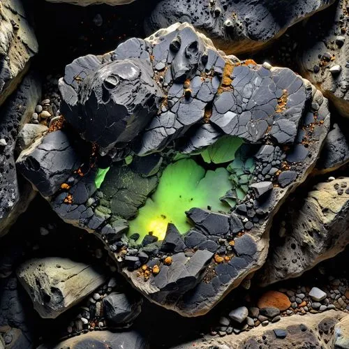 roccia spaccata , lavorata e levigata di colore nero, con all'interno minerali fluorescenti,some rocks and a yellow object sitting on top of each other,solidified lava,olivine,tektite,pitchblende,volc