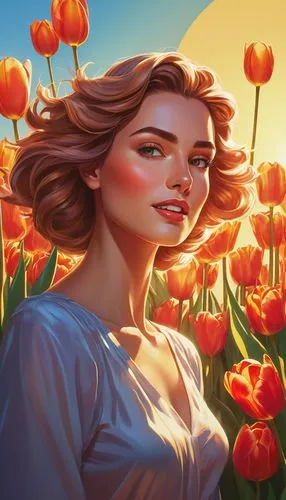 Create a portrait of a beautiful woman standing amidst a bed of vibrant tulips. The sun is shining on her face, illuminating the golden highlights in her hair, vector,an illustration of a young woman 