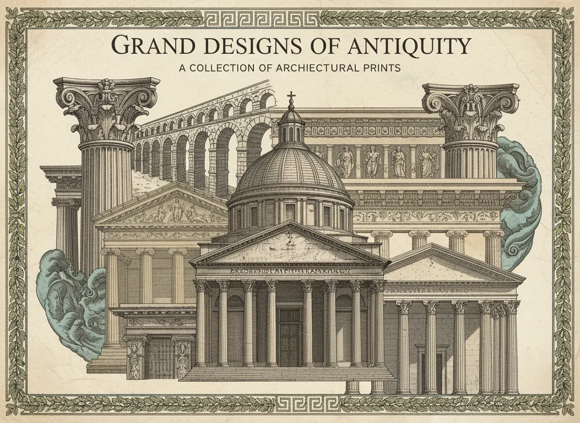 Poster generato dall'IA che mostra stampe dettagliate di architettura classica integrate in un'unica composizione.