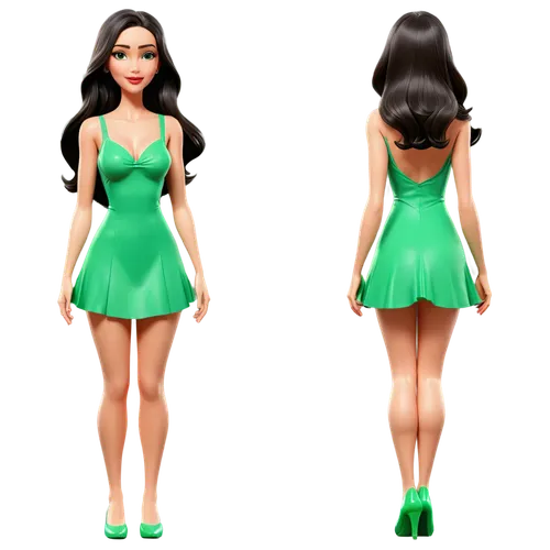 Create only high resolution images, pixar 3d, 4k, character sheet style, like a paper doll, A pose style. She must be wearing a loose, casual pink dress with straps, it must be pink and flowery, showi
