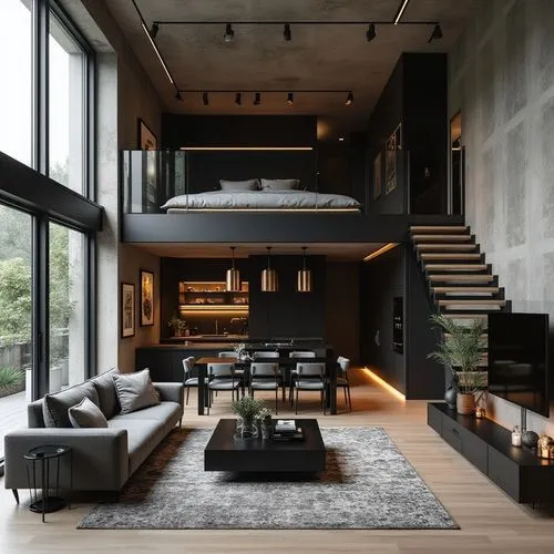 A modern industrial loft with an open-plan design, featuring a double-height living space with floor-to-ceiling windows that flood the interior with natural light, the lower level includes a spacious 