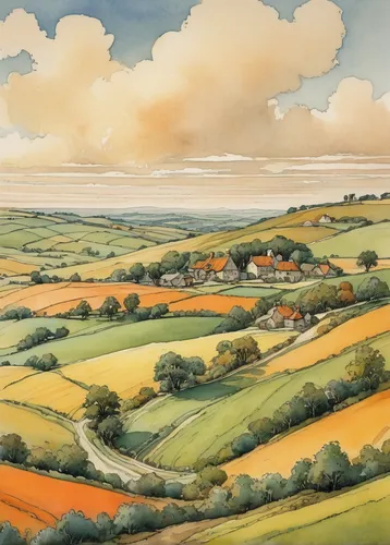 beautiful rolling hills with carrot farm in the distance, warm colours.,exmoor,dorset,sussex,devon,yorkshire,cornwall,farm landscape,south downs,north yorkshire,derbyshire,hayfield,great chalfield,ant