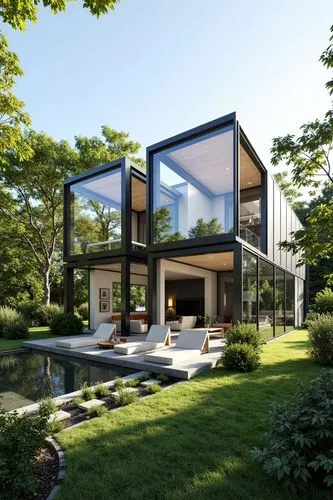 A cutting-edge villa designed as a series of interconnected glass cubes, surrounded by expansive gardens and open-air living rooms. The glass walls provide a sense of transparency, allowing nature to 
