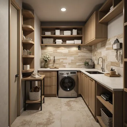 \Compact laundry room, functional layout, sleek cabinetry, stainless steel appliances, built-in washer and dryer, fold-down ironing board, slide-out drying rack, ample storage shelving, durable epoxy 