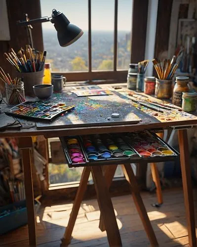 Easel, painting desk, artistic supplies, paints, brushes, colorful palette, inspirational artwork, coffee cup, sketchbook, pencils, eraser, canvas, oil paints, watercolor, acrylic, studio, natural lig