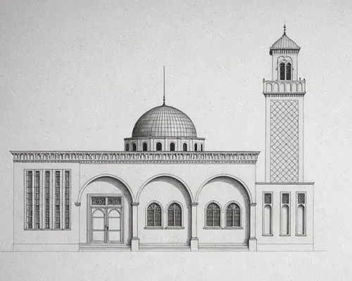a drawing of an exterior view of a building,big mosque,city mosque,mosque,alabaster mosque,grand mosque,star mosque,mosques,minarets,minaret,muezzin,western architecture,caliphs,to mosque,reconstructi