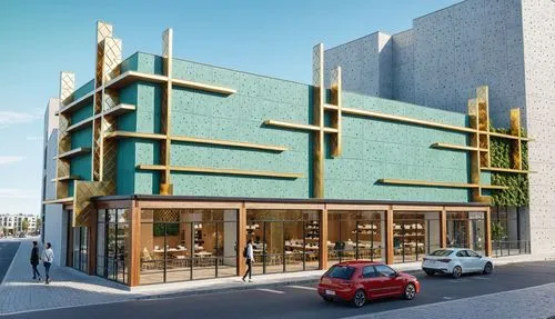 A 3d rendering of a modern, contemporary building with a unique architectural design. the building is located on a street corner, with a clear blue sky in the background. The exterior of the building 