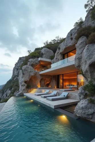 A villa set into a rugged cliffside, where indoor living spaces flow seamlessly into outdoor terraces that offer expansive ocean views. The design includes private caves carved into the cliff for secl