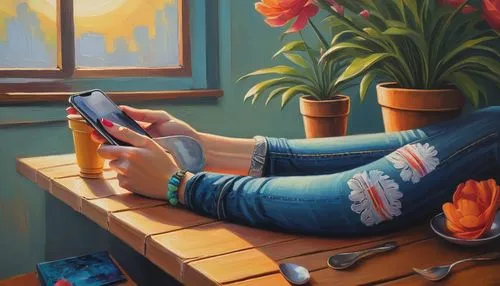 Oil painting, artistic, digital artwork, smartphone screen, solo, hand holding phone, beautiful detailed fingers, nail polish, casual wear, jeans, sneakers, relaxed posture, sitting, cozy coffee shop,