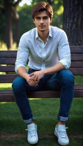 Generate a fake person photo, casual pose, handsome young man, 25yo, short brown hair, bright blue eyes, gentle smile, subtle facial hair, white shirt, dark blue jeans, brown leather belt, sneakers, s